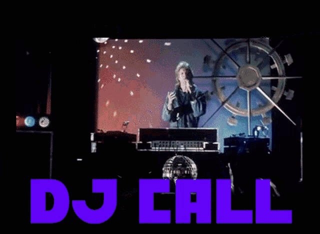 a man singing into a microphone in front of a disco ball and the words dj call