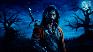 a man is holding a sword in his right hand