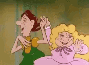 two cartoon characters are dancing together and one is wearing a pink dress and the other is wearing a green dress .