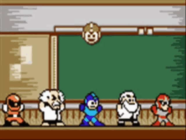 a group of cartoon characters are standing in front of a green board