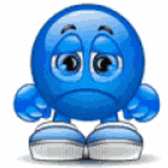 a blue smiley face with a sad look on his face is wearing white shoes