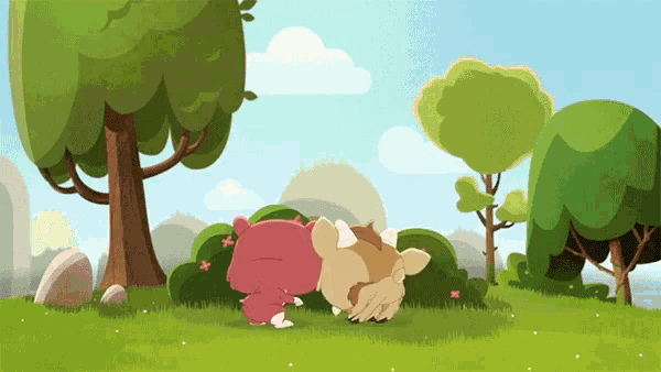 a cartoon of two animals standing in a grassy field with trees in the background
