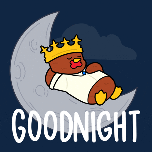 a cartoon of a duck wearing a crown sleeping on a crescent moon