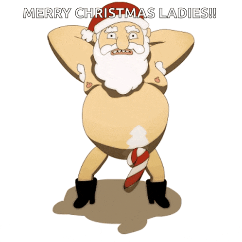 a naked santa claus with a candy cane in his pants and the words merry christmas ladies below him