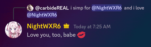 a screenshot of a conversation between nightwxr6 and carbide real