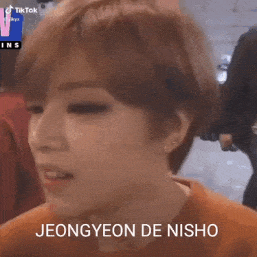 a close up of a person 's face with the words jeongyeon de nishio on it