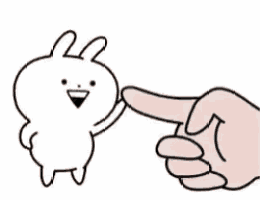 a hand is pointing at a cartoon rabbit while another hand is pointing at it .