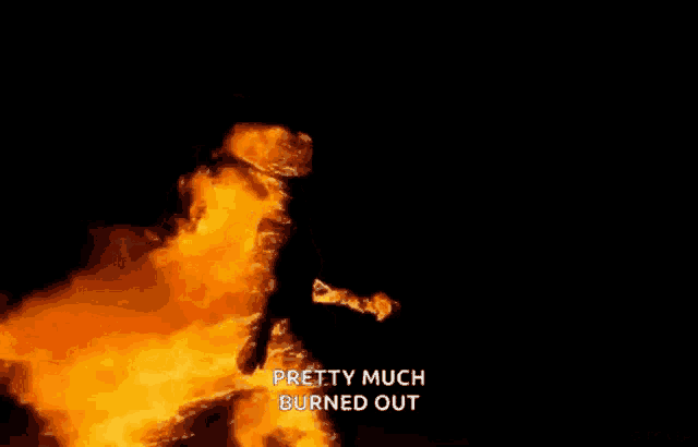 a person is standing in front of a large fire with the words `` pretty much burned out '' written below them .
