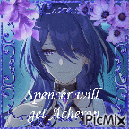 a picture of a girl with blue hair and purple flowers