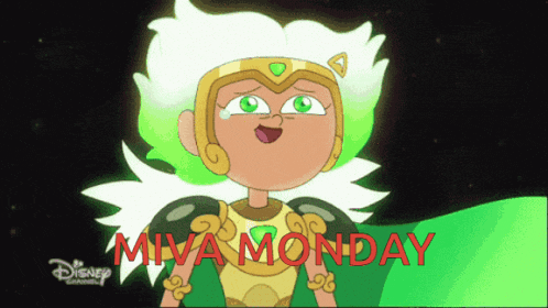 a cartoon character with the words miva monday in red letters