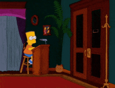bart simpson sits at a podium while a man stands in front of a door