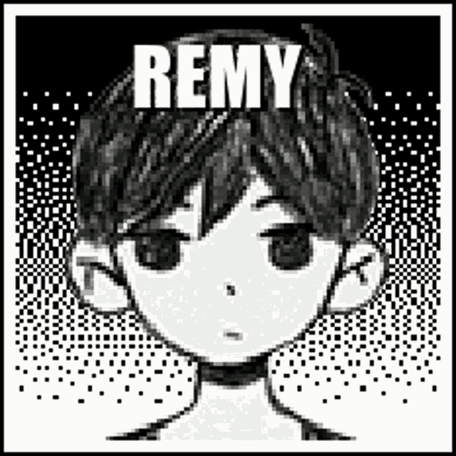 a black and white pixel art drawing of a boy with the name remy written on it .