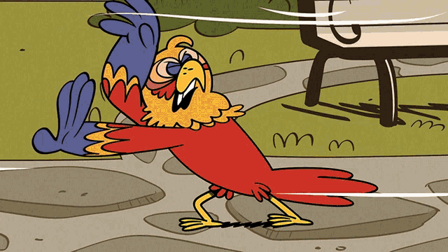 a cartoon drawing of a parrot with the letter m visible