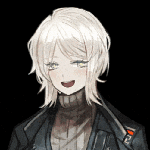 a girl with white hair is wearing a black jacket and a sweater