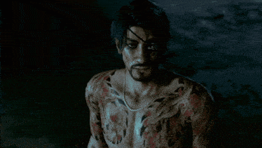 a man with a beard and a tattoo on his chest looks at the camera