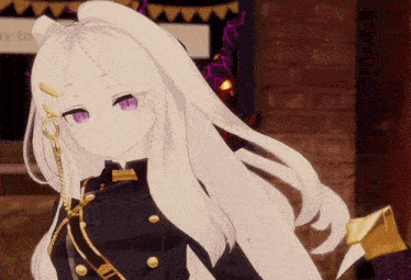a girl with white hair and purple eyes stands in front of a sign that says ready to go