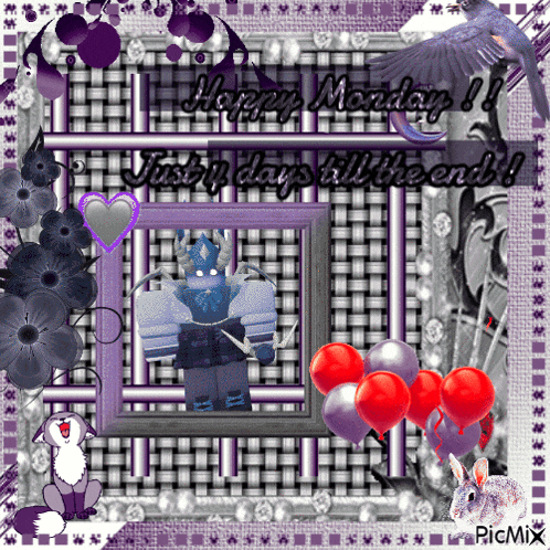a happy monday greeting card with balloons flowers and a fox