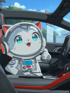 a cartoon cat is sitting in the driver 's seat of a car with headphones on