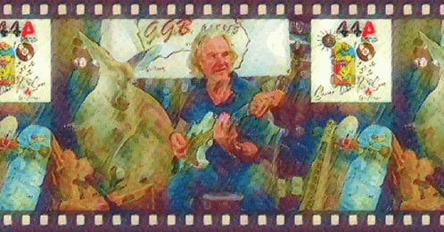 a painting of a man playing a guitar with the number 44 on the bottom right