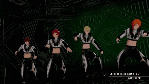a group of anime characters are dancing on a stage with the words lock your gaze mode / d on the bottom right