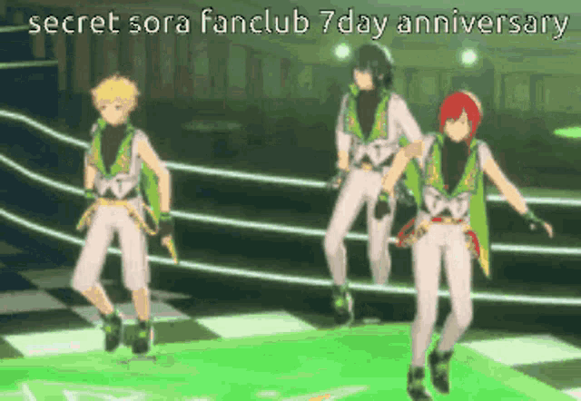 three anime characters are dancing on a stage with the words secret sora fanclub 7 day anniversary above them