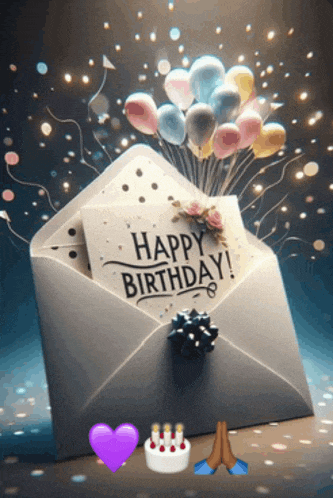 an envelope with balloons and a card that says happy birthday on it