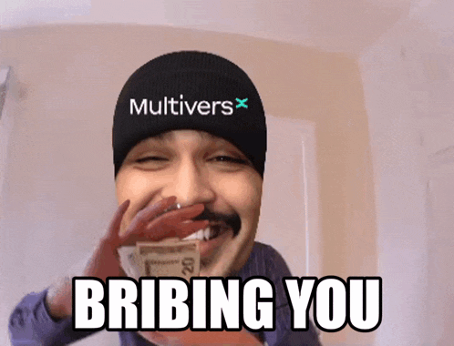 a man wearing a hat that says multivers on it is holding money in his hand