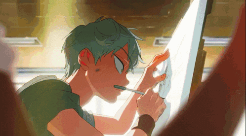 a person with green hair is drawing on a piece of paper with a pen