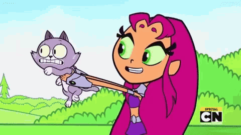 a cartoon girl is holding a cat on a leash in a field .