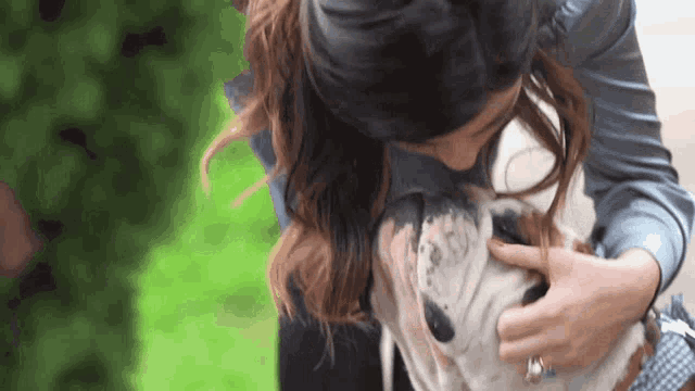 a woman is petting a bulldog that has a tag on it that says ' i love you '