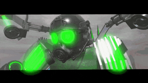 a person wearing a gas mask and a helmet with green lights on their eyes