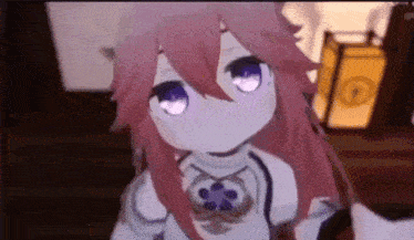 a cartoon character with pink hair and purple eyes is standing in a room .