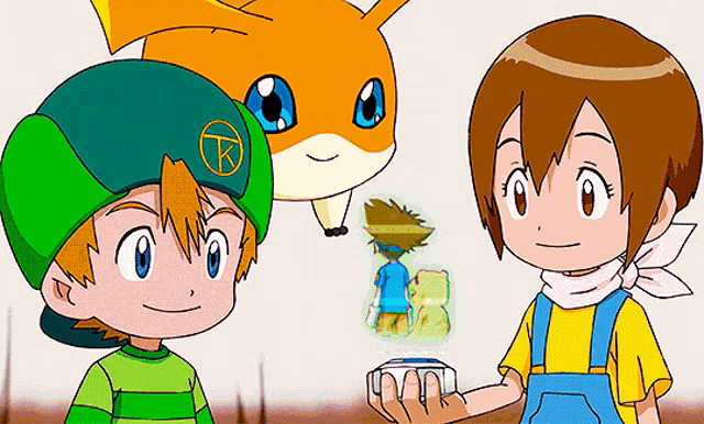 a boy and a girl are standing next to each other with a fox behind them