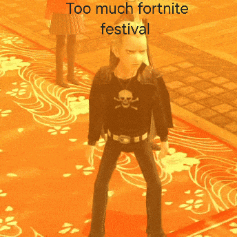 a man with a skull and crossbones shirt is standing on a red carpet with the words too much fortnite festival written below him