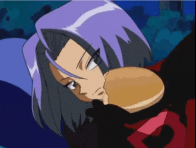 a cartoon character with purple hair is holding a hamburger in his hand