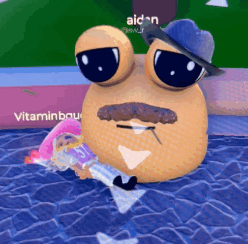 a cartoon character with a mustache and sunglasses is sitting on a bed