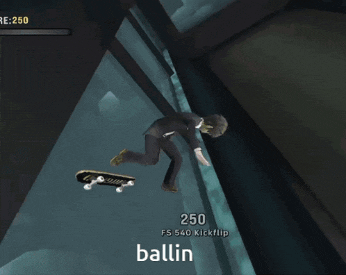a screenshot of a video game shows a man on a skateboard and the words " ballin " at the bottom