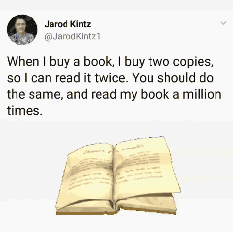 a tweet by jarod kintz shows an open book and a quote