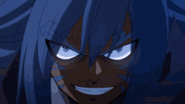 a close up of a cartoon character with blue hair and blue eyes