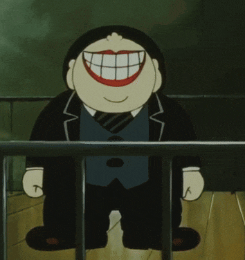 a cartoon character with a big smile on his face behind bars