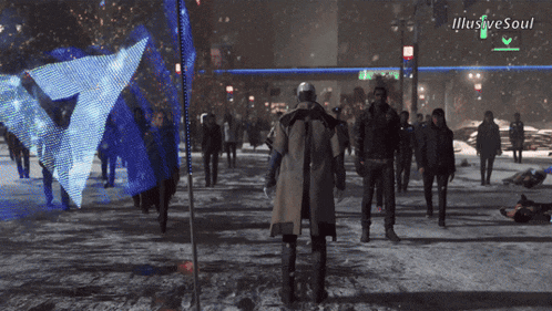 a man in a trench coat stands on a snowy street with illusive soul written above him