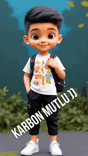 a boy with a backpack is wearing a shirt that says karbon mutlu jj
