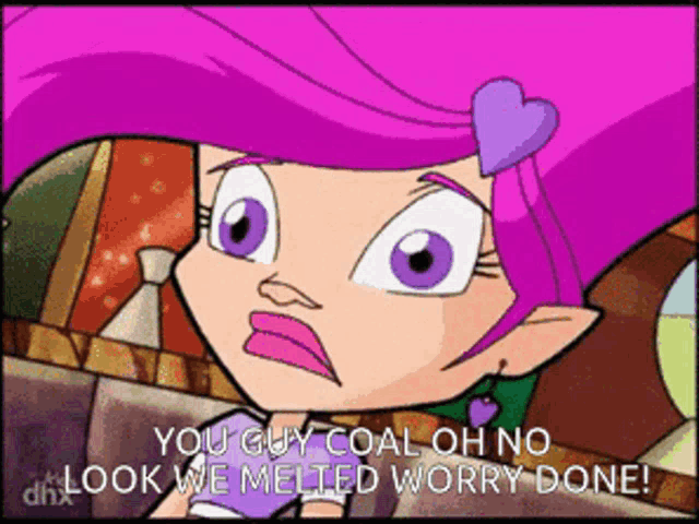 a cartoon girl with purple hair and a heart in her hair says you guy coal oh no look we melted worry done
