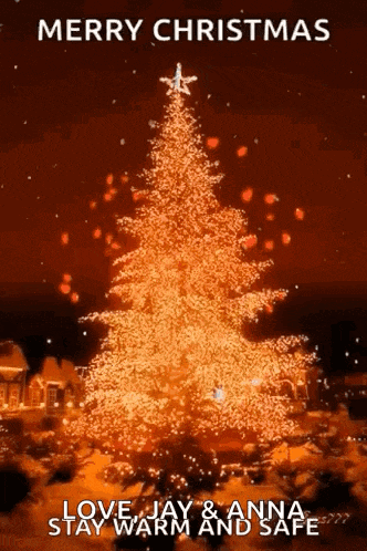 a merry christmas card with a christmas tree in the background