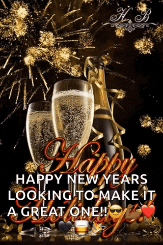 a happy new year greeting with a bottle of champagne and two glasses