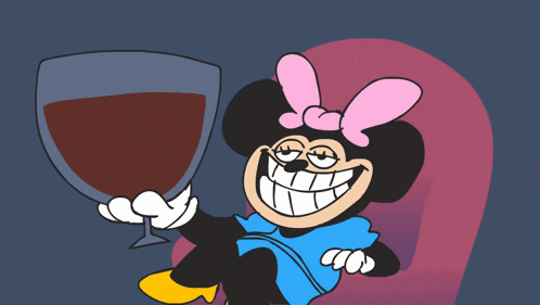 a cartoon of minnie mouse holding a wine glass