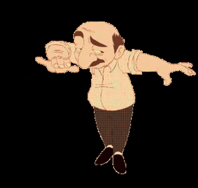 a pixelated cartoon of a bald man with a mustache pointing at the camera