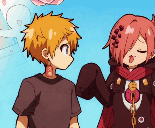 a boy with a tattoo on his neck and a girl with pink hair are standing next to each other