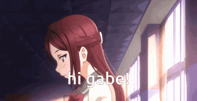 a girl with red hair is standing in a hallway with the words hi gabe on the bottom