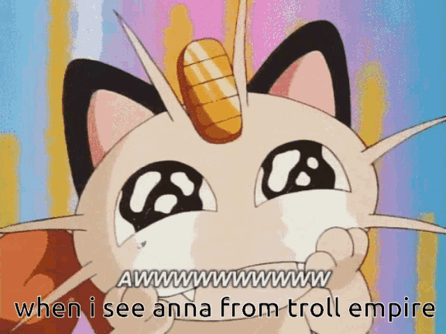 a cartoon cat with a horn on its head says " awwwwwwwww when i see anna from troll empire "